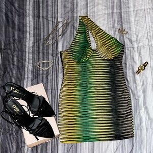 Green and Yellow One Shoulder Dress